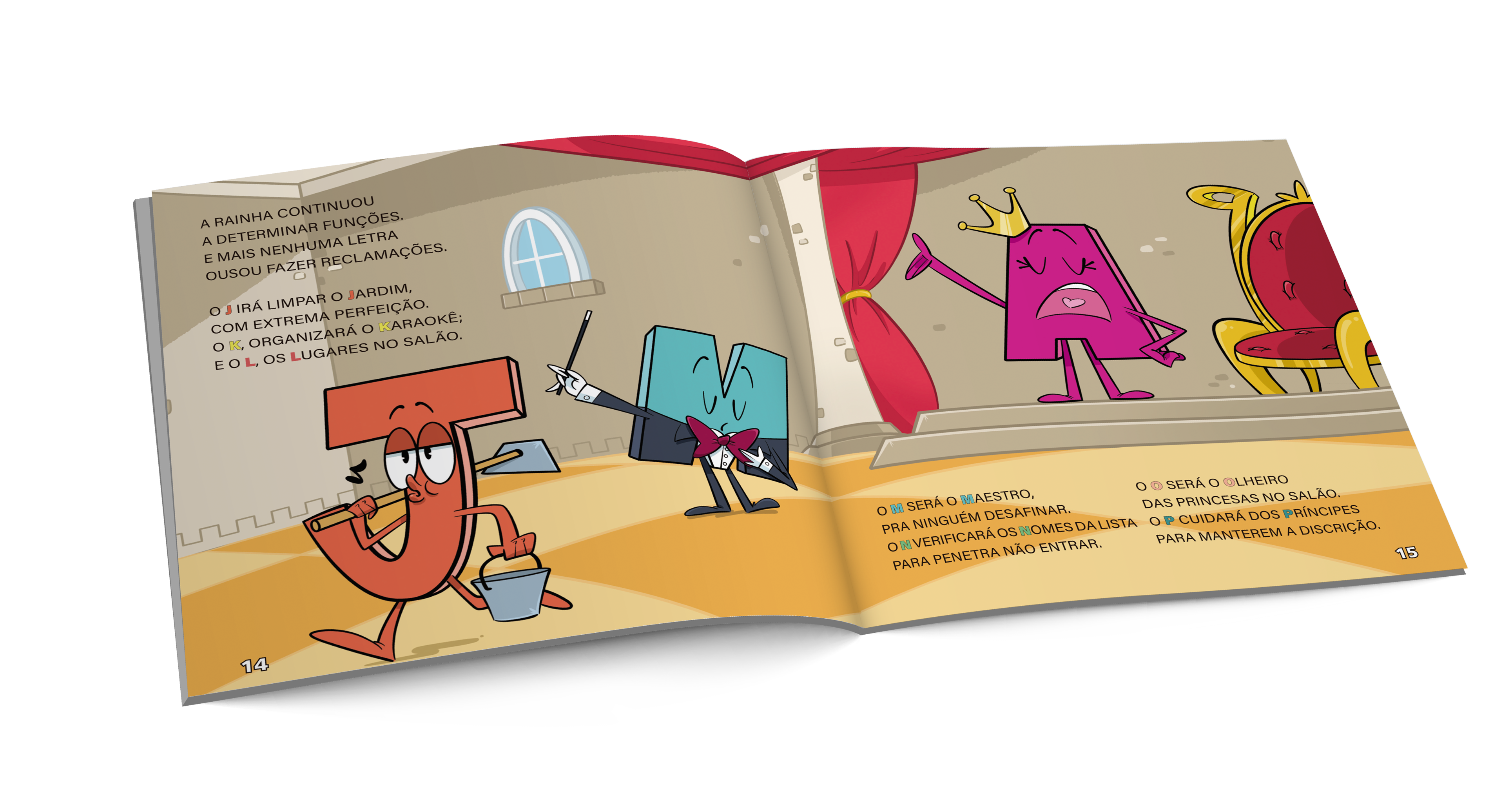 Página dupla finalizada do livro infantil A Festa no Castelo do Alfabeto