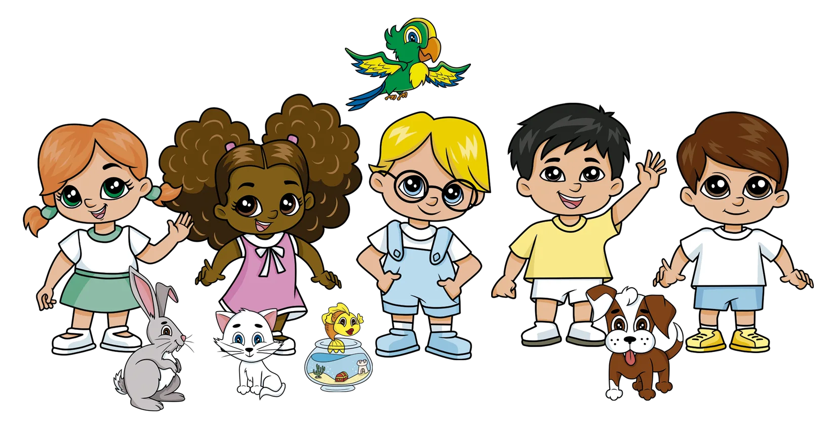 Turma e mascotes criados para a coleção de Educação Infantil