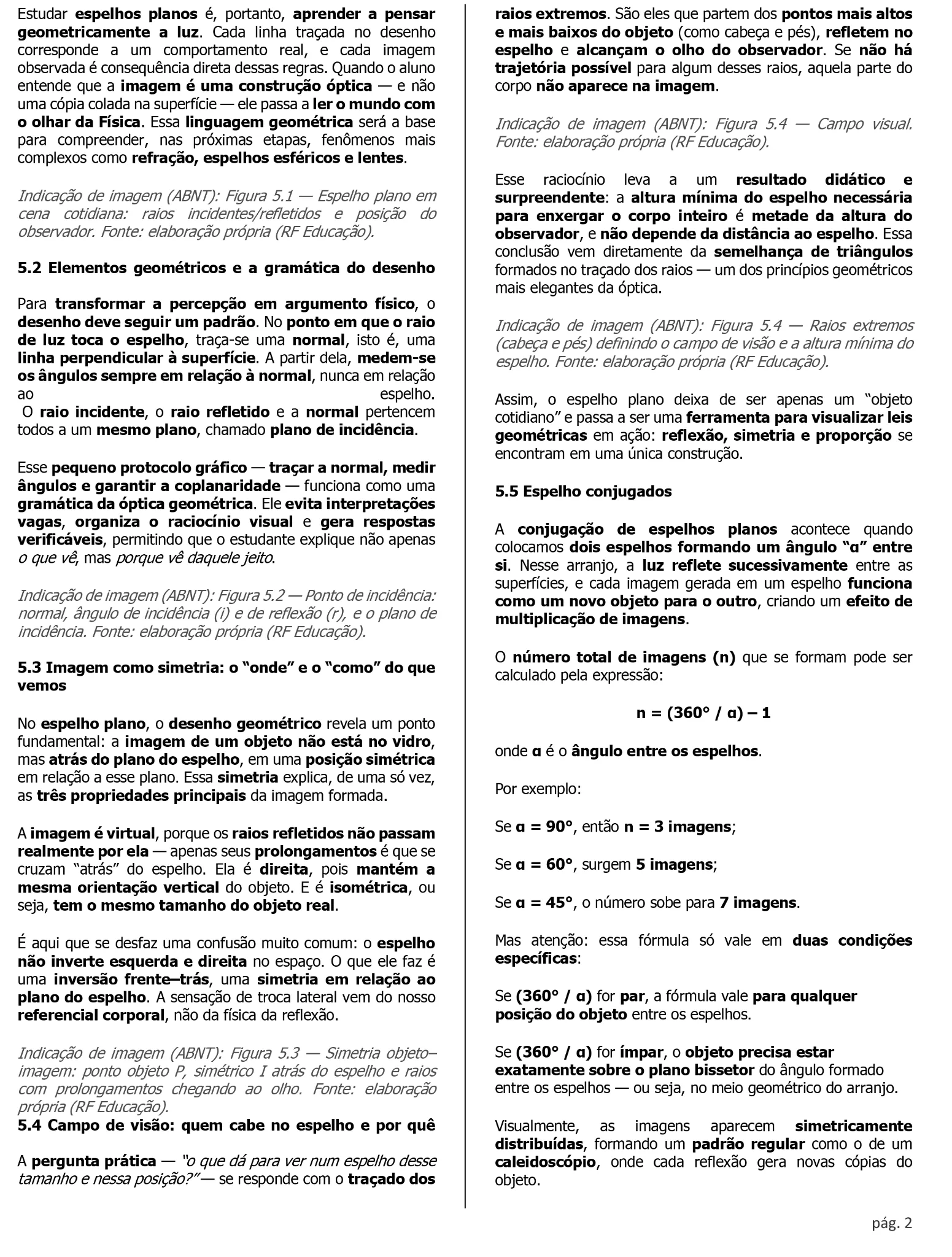 Página de Física com conteúdo sobre óptica e espelhos