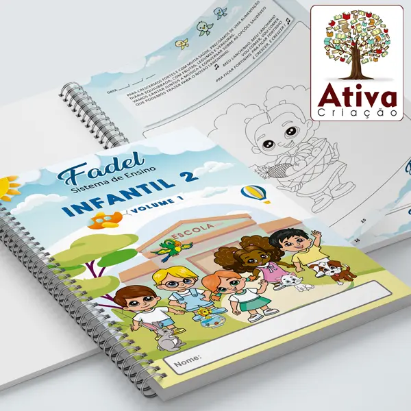 Apostila Fadel Infantil 2 com capa e atividade interna em mockup