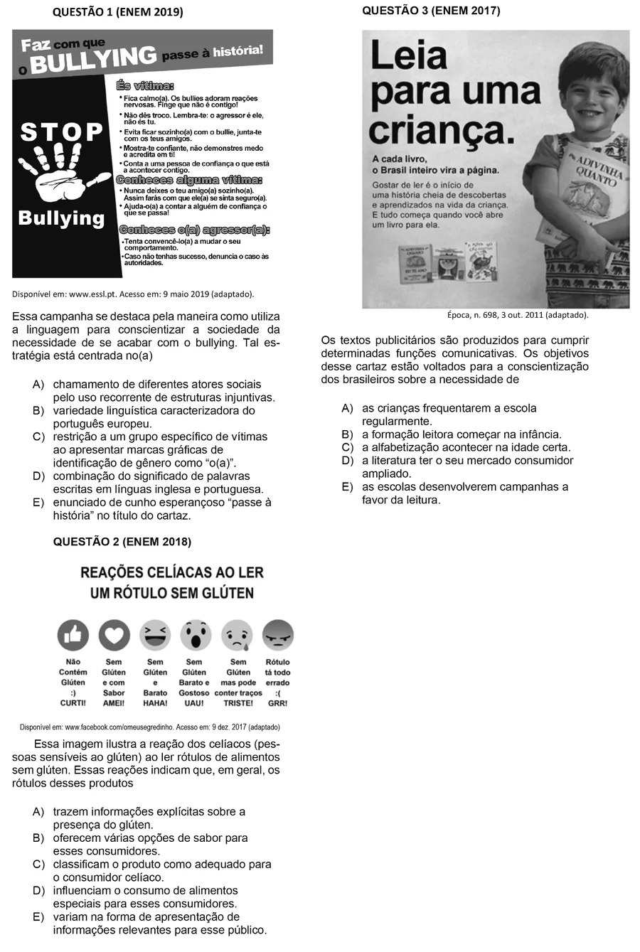 Página com questões do ENEM e alternativas diagramadas